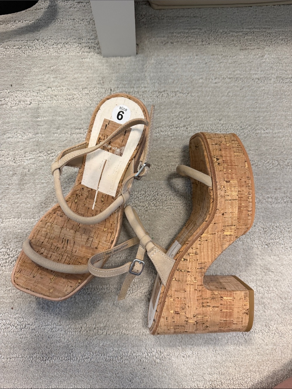 Size 6 Neutral Cork Platform Sandals with Beige Straps